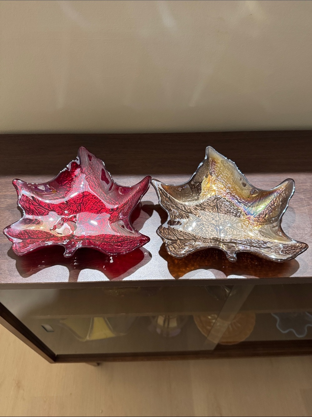 Vintage Iridescent Glass Maple Leaf Dishes Set of 2 Fall Decor